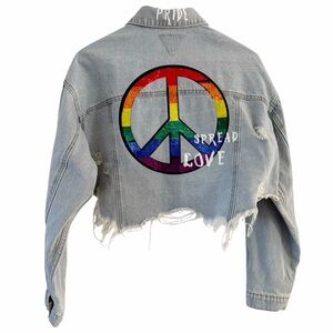 Trio Urban Pride Peace Cropped Jean Jacket Distressed Denim Spread Love Boho S/M